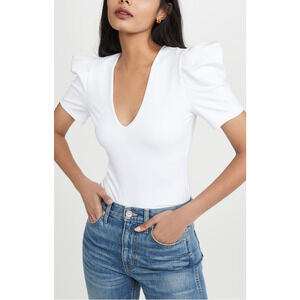 Susana Monaco 'Pleated' White Sleeve Deep V Neck Short Sleeve Top Size S